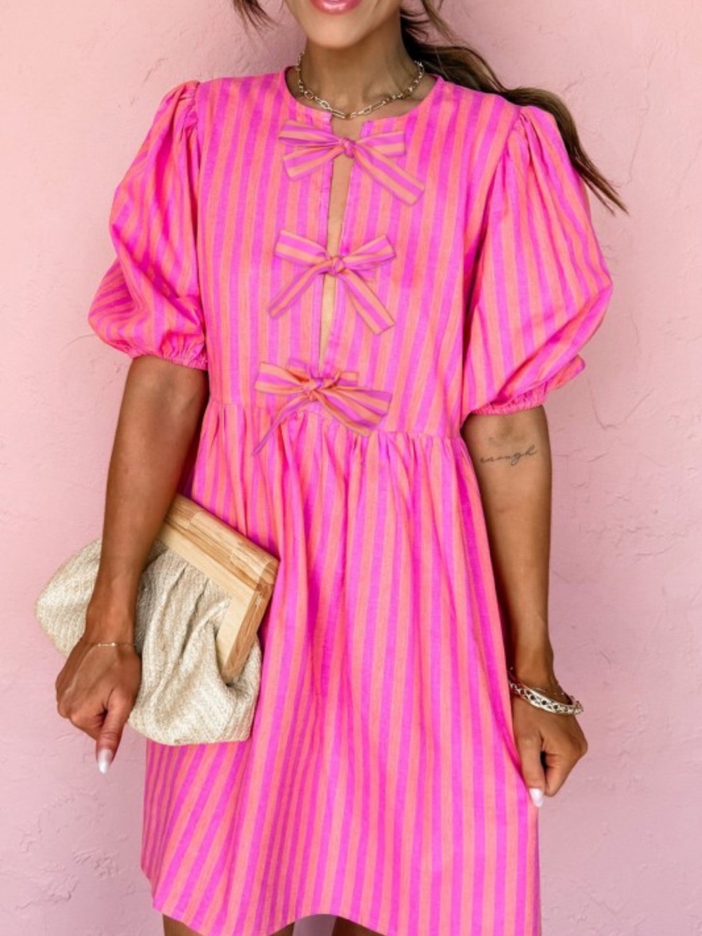 Pink & Coral Preppy Trendy Coastal Chic  Striped Bow Front Puff Sleeve Dress